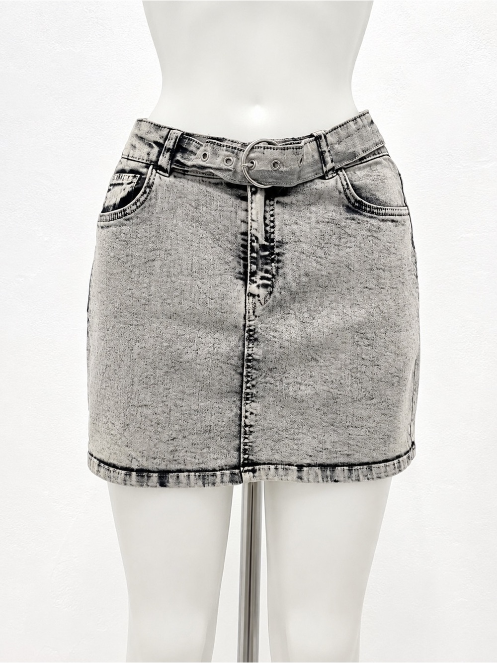 Bershka Grey Acid-Wash Denim Mini Skirt